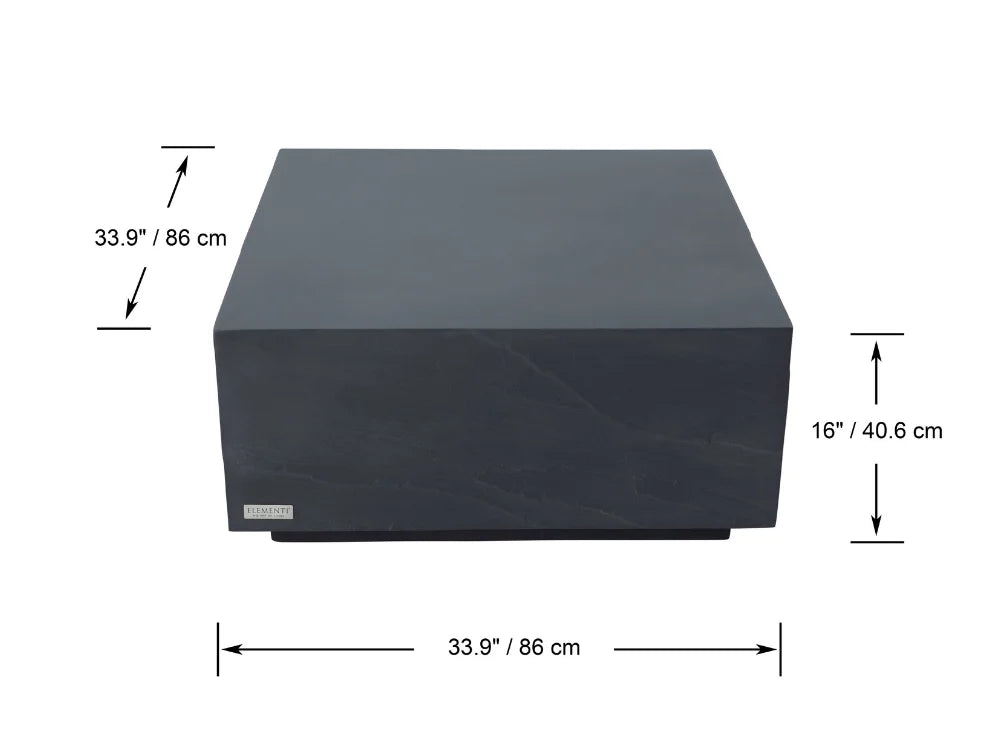 Colorado 34 inches Dark Gray Concrete Coffee Table shown on a white background with dimension arrows and labels indicating 33.9 inches by 16 inches by a small front depth.
