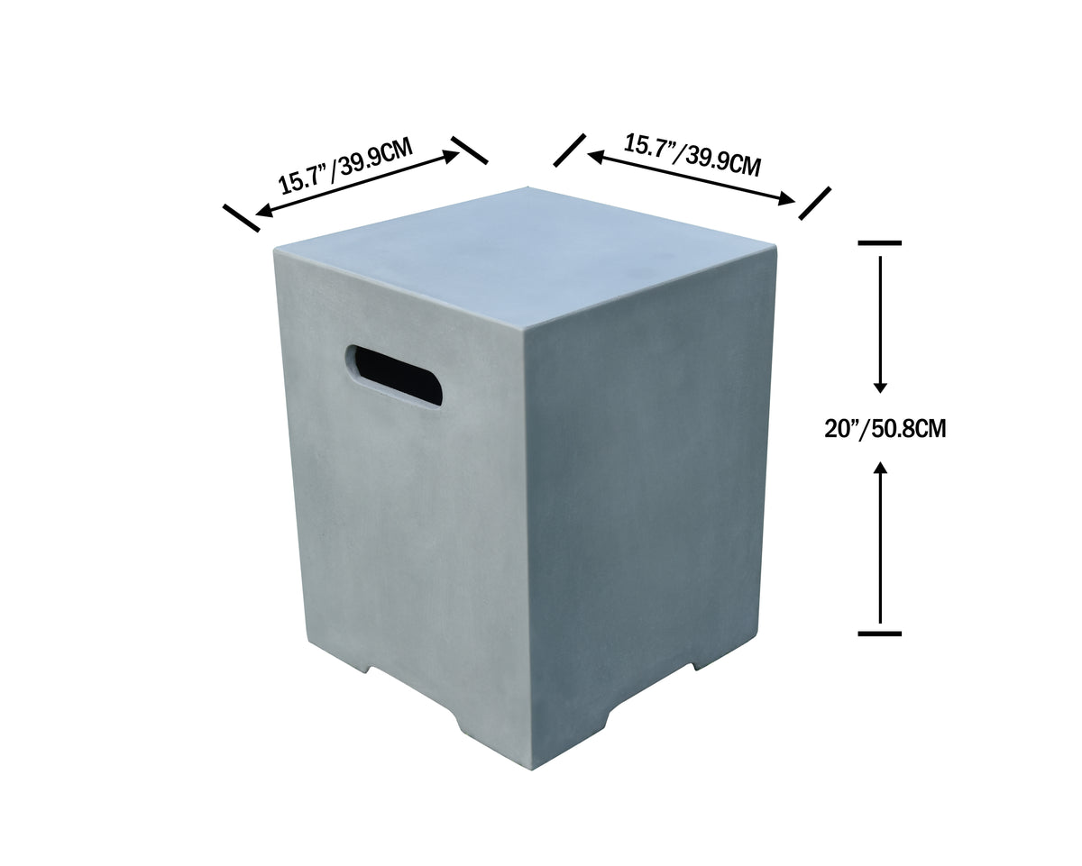 Concrete Propane Tank Cover for Granville Fire Table with dimensions indicated on a white background