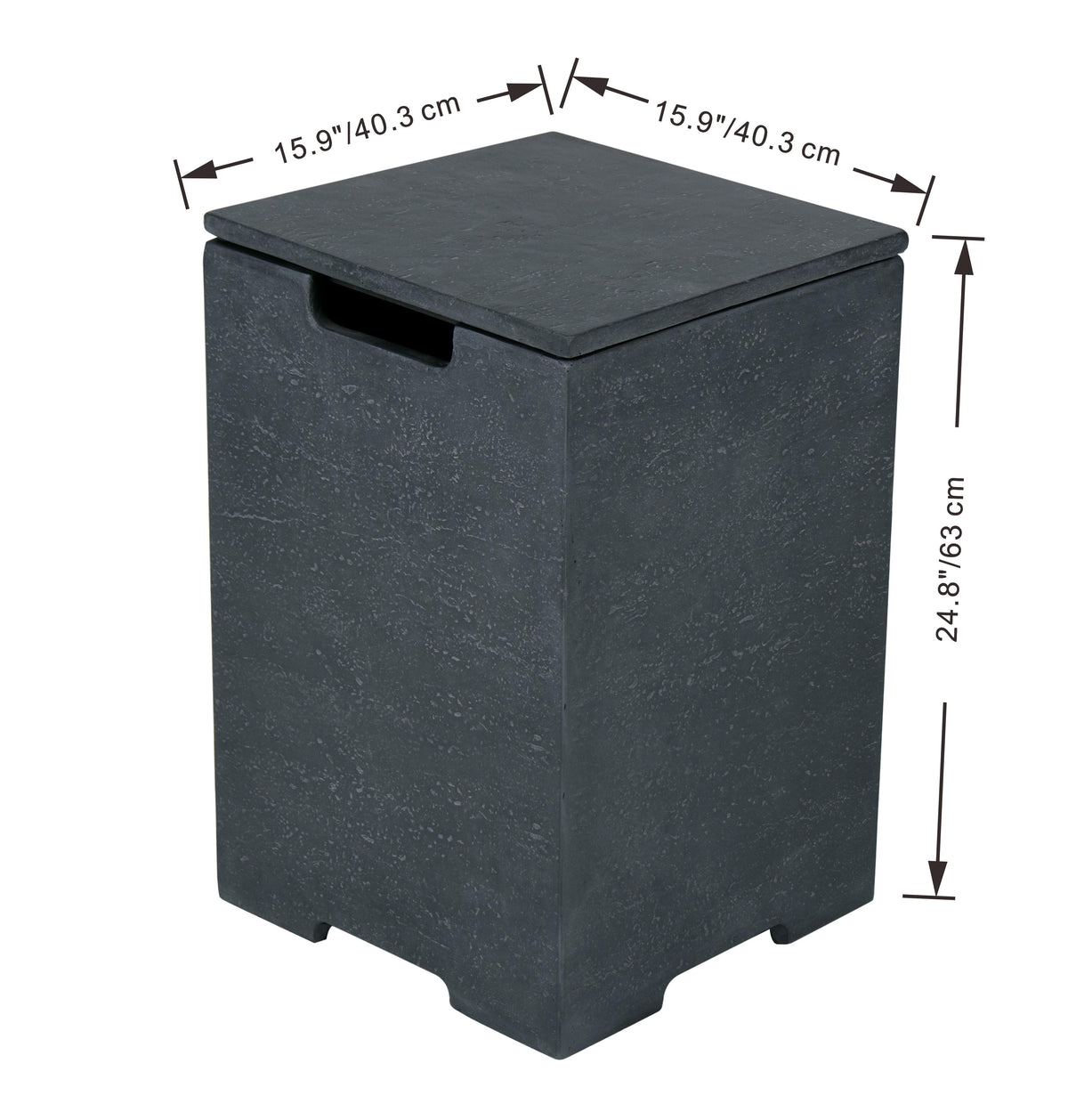 Dark Gray Concrete Propane Tank Cover with Removable Top and with dimensions displayed on a white background
