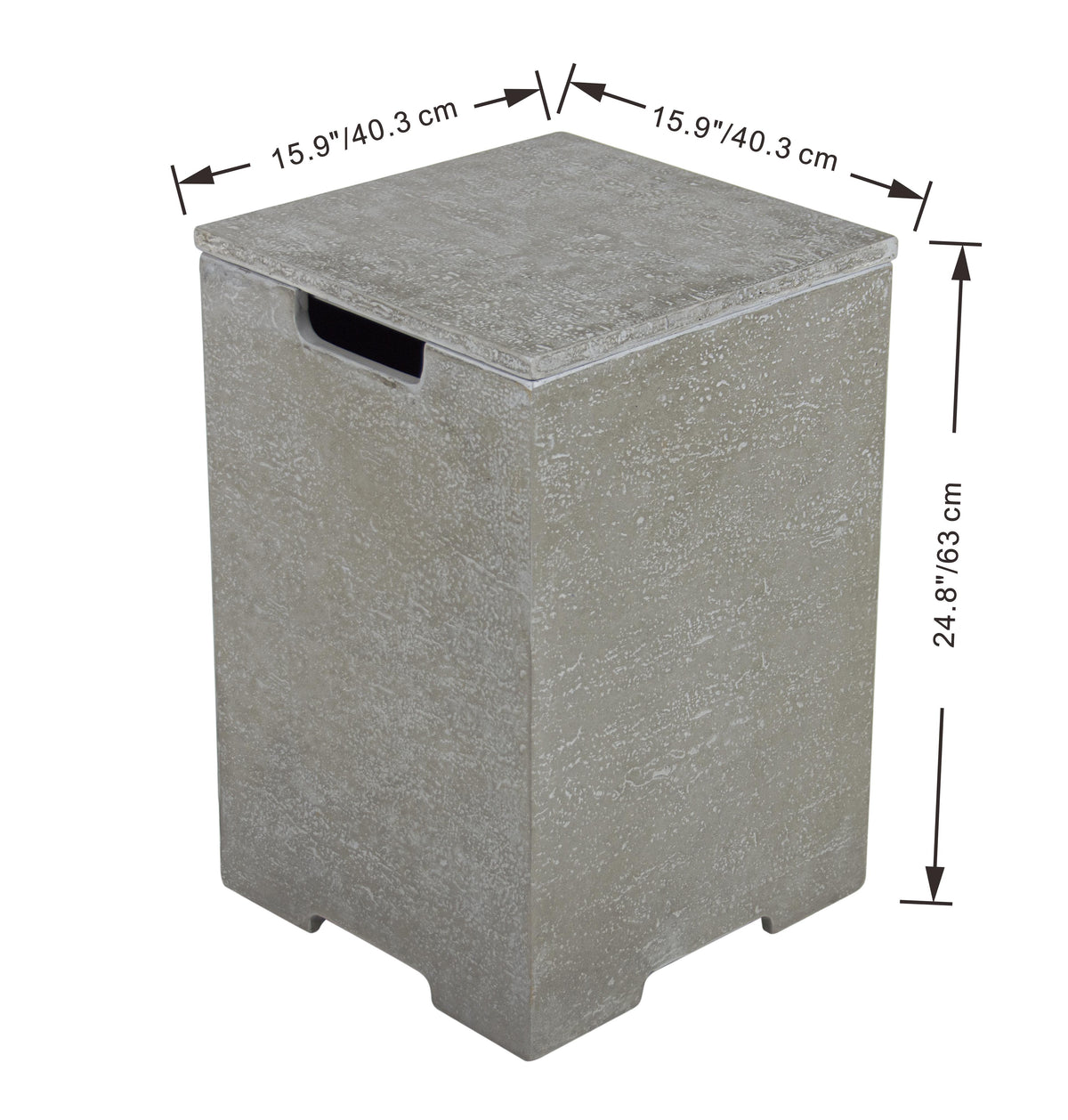 Light Gray Concrete Propane Tank Cover with Removable Top with dimensions indicated on a white background