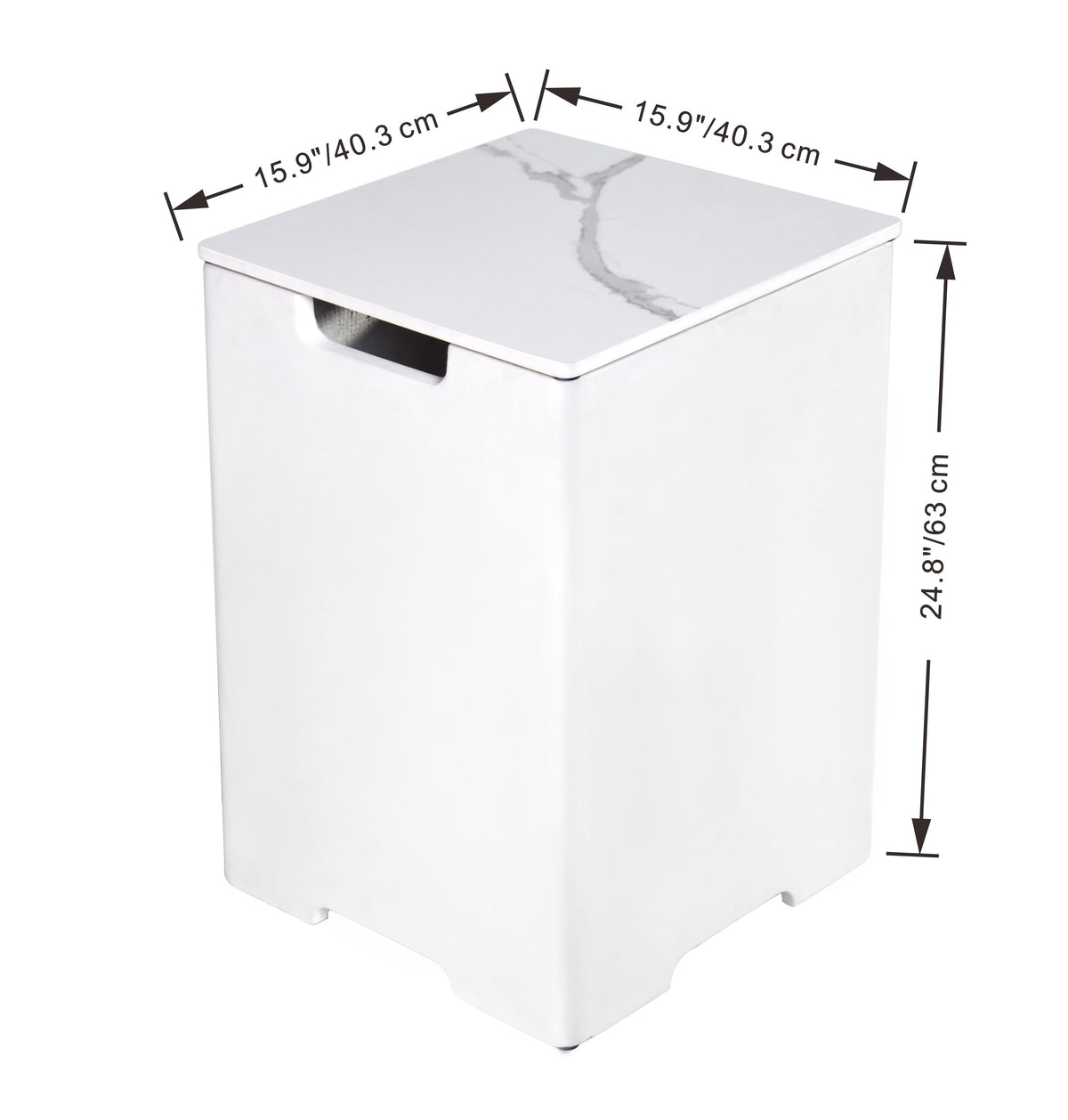 Marble Cream White Porcelain Tank Cover with Removable Top and dimensions indicated