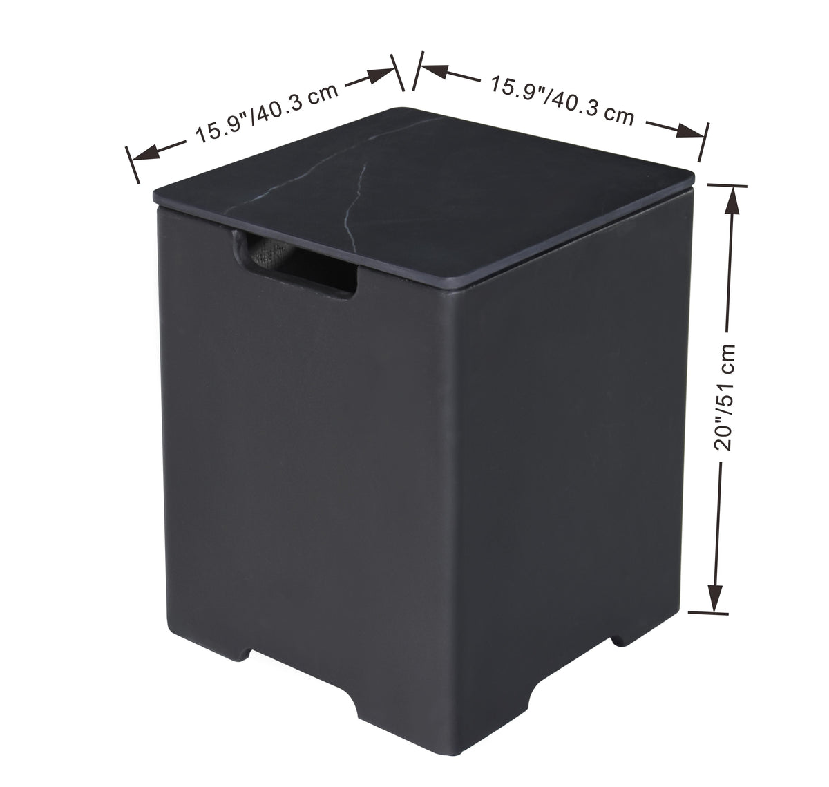 Marble Dark Gray Porcelain Tank Cover with Removable Top with dimensions labeled on a white background