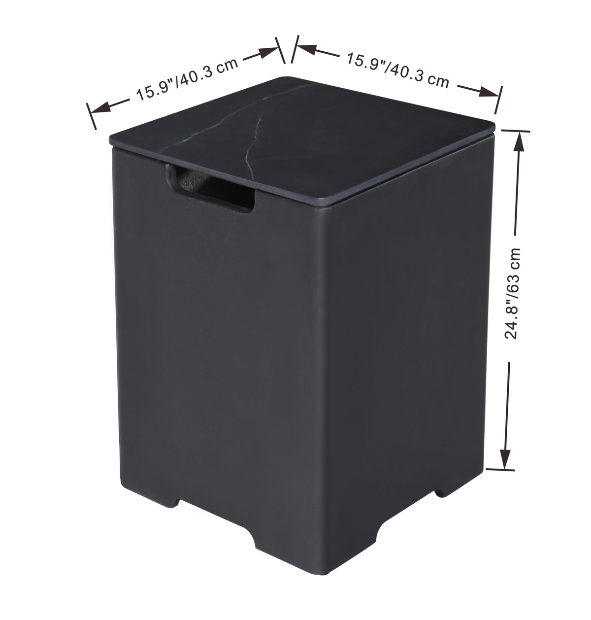 Marble Dark Gray Porcelain Tank Cover with Removable Top with dimensions indicated on a white background