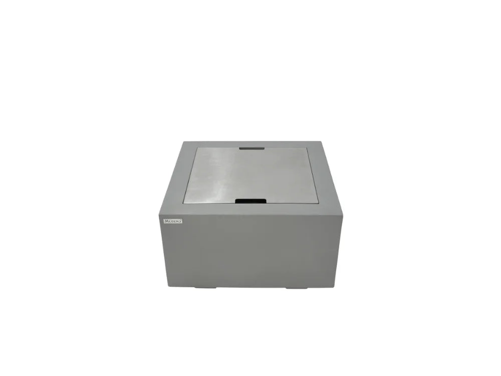 Modeno Ridgefield Concrete Fire Table with a hinged lid, shown from a front-three-quarters angle on a solid white background.
