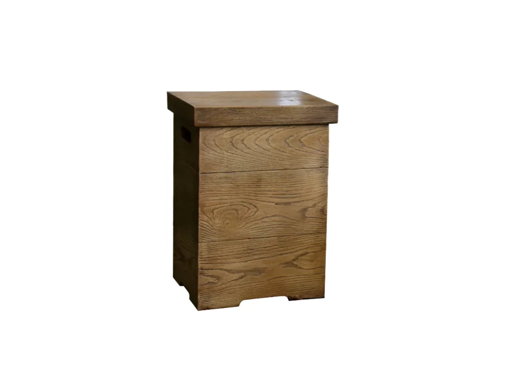 A rustic wooden chest or cabinet with a hinged lid and three front drawers, shown on a plain white background.