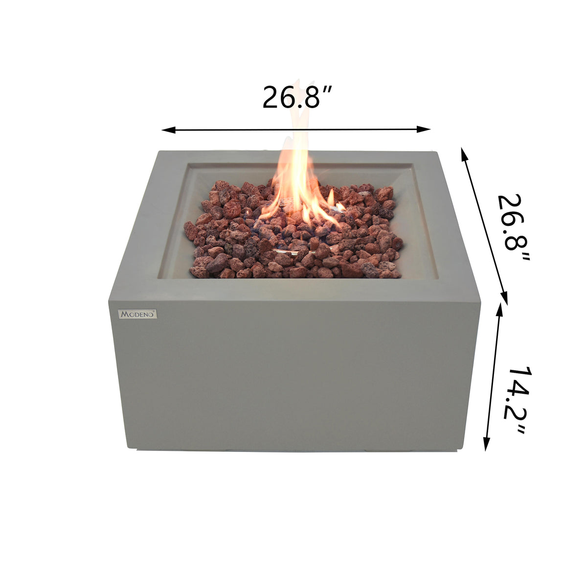 Modeno Ridgefield Concrete Fire Table with dimensions labeled on a white background
