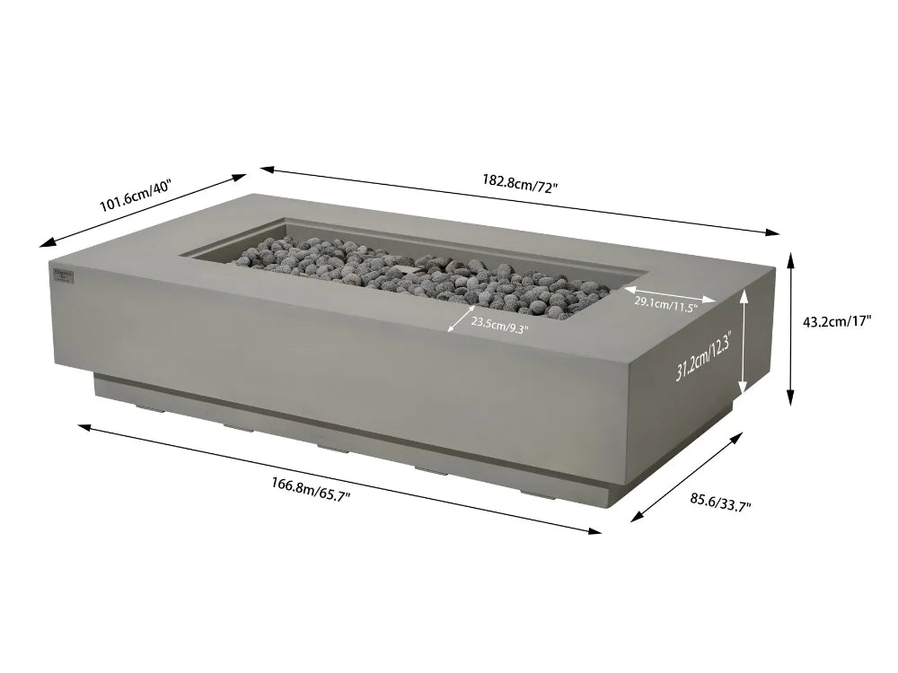 Elementi rectangular fire pit table shown in an isometric view with dimension lines and measurements overlaid on a white background.