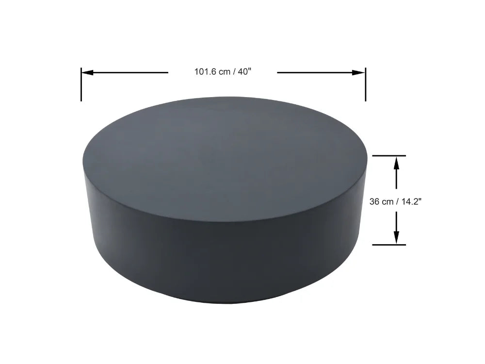 Rome Dark Gray Round Concrete Coffee Table with dimension arrows and labels indicating a width of 101.6 cm (40 inches) and a height of 36 cm (14.