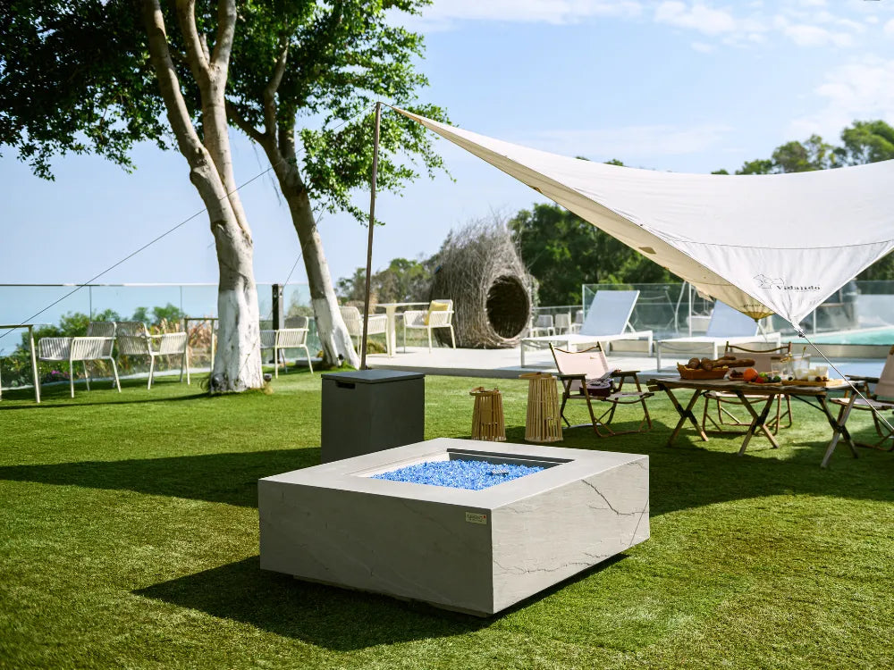 Roraima & Capertree 40" Outdoor Sandstone Fire Pit 60,000 BTU - Includes Fire Glass, Lid & PVC Cover(OFG411)