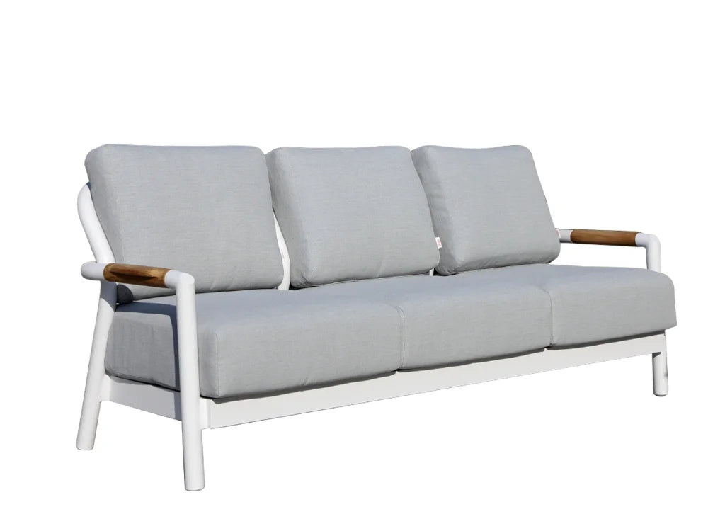 Elementi modern three-seat sofa with light gray fabric cushions, a white frame, and light brown wooden armrests, shown against a plain white background.