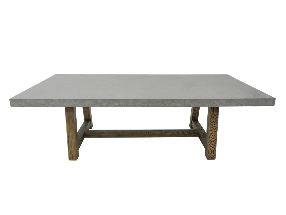 Seine 95 inches rectangular Concrete Dining Table with a rustic brown wooden base and trestle-style legs, shown against a plain white background.