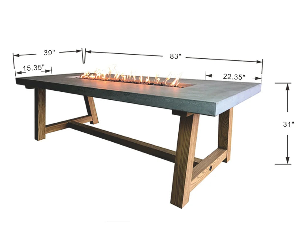 Outdoor rectangular fire pit table with a gray concrete top, wood-look legs, and a built-in linear flame burner, shown with dimension callouts on a white background.