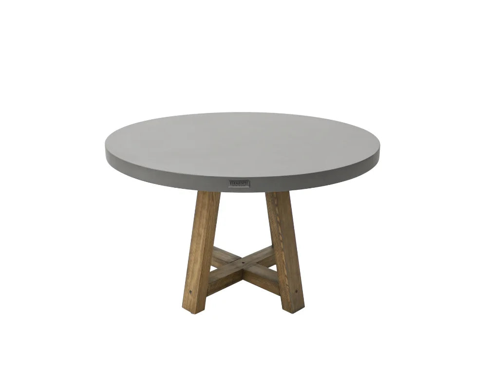 Verona 48 inch Round Concrete Dining Table with a smooth gray top and a rustic light brown wooden pedestal base, shown against a plain white background.