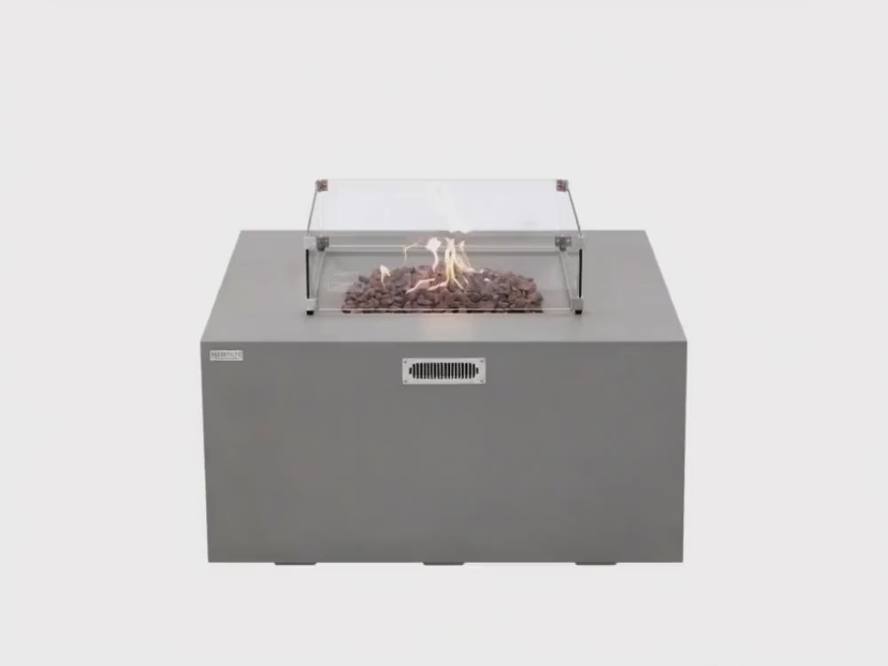 Load video: Elementi Rocky Light Gray Concrete Fire Table with Hidden Tank Storage